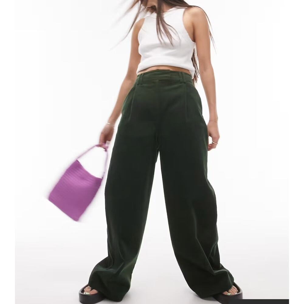 NWT Topshop Women's Wide-Leg Corduroy Pants, Green, US 8, High-Waist Relaxed Fit
